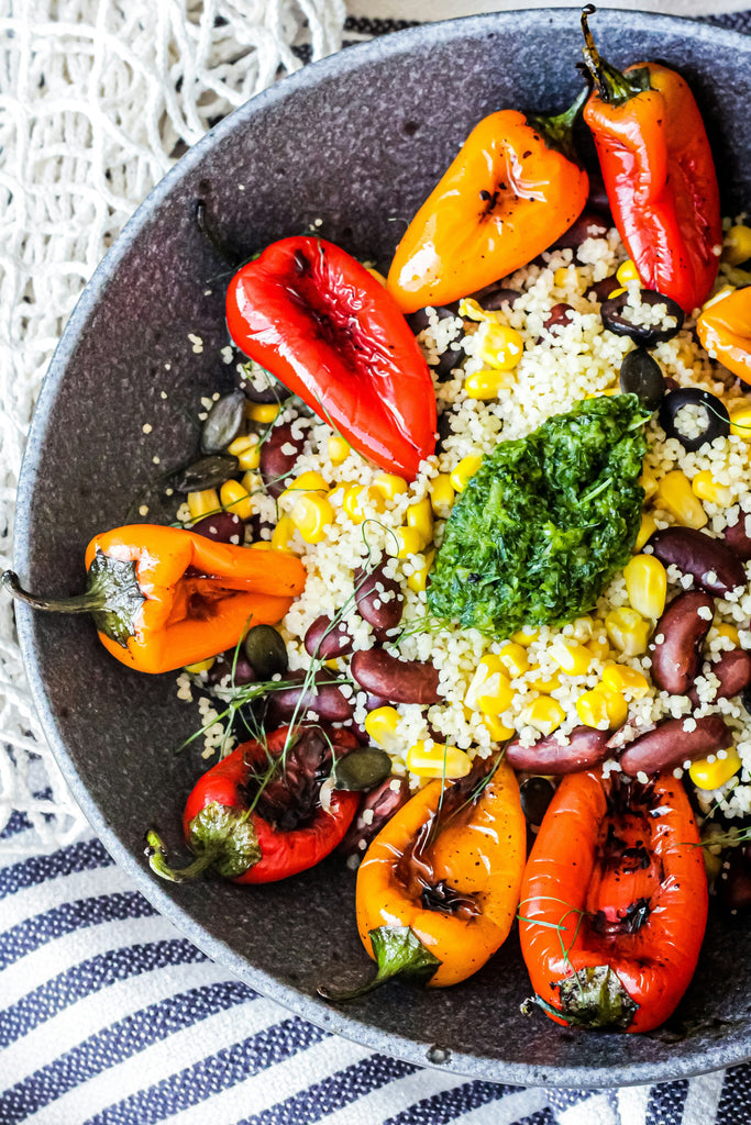 Mediterranean Giant Couscous Bowl with Harissa and Pomegranate Glaze