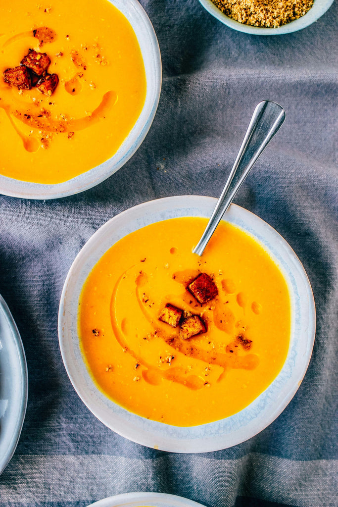 Warming Sweet Potato Soup with Gee’s Coconut Sriracha by Mia