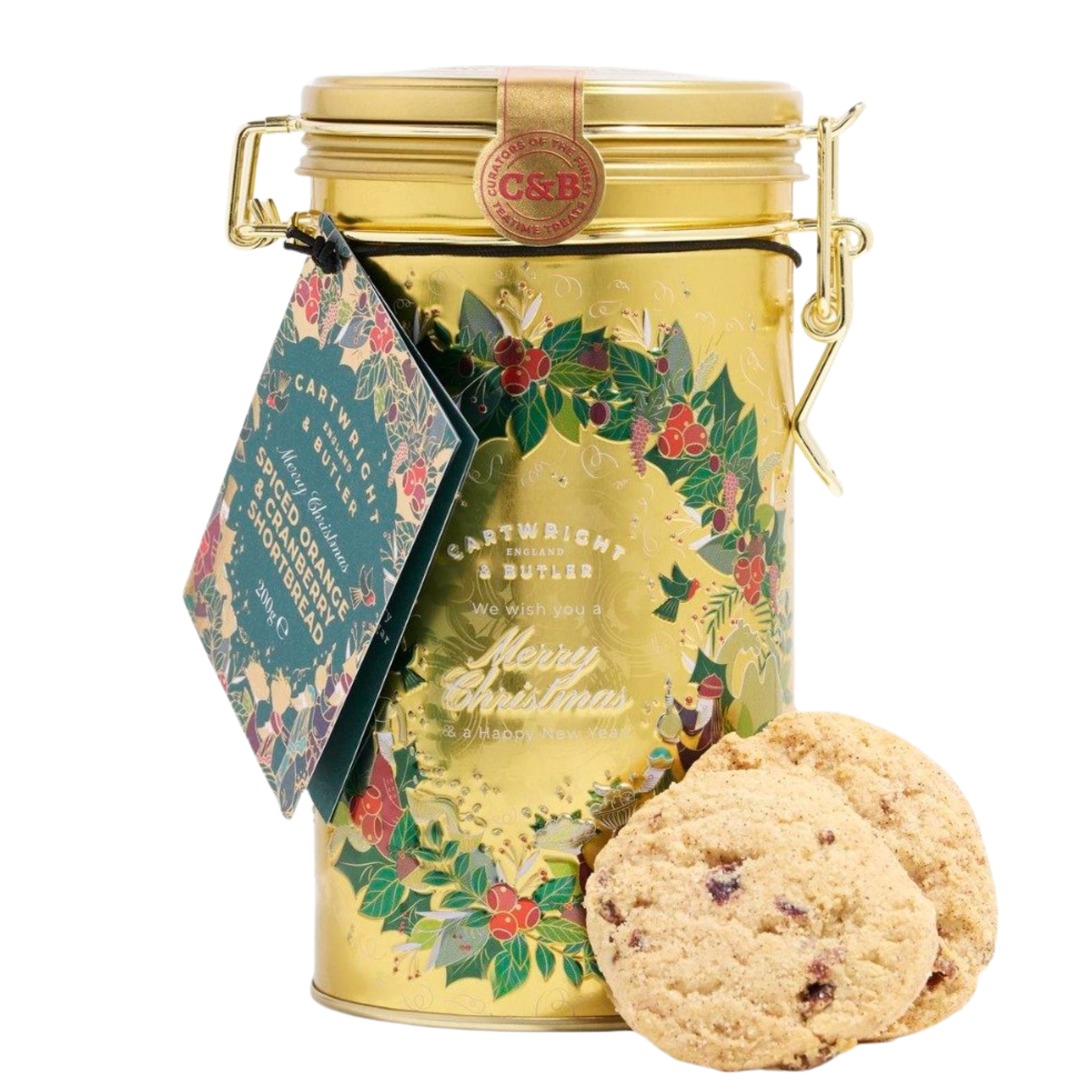 C&B Spiced Orange & Cranberry Shortbread Xmas Tin 200g